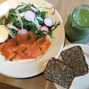 Gluten-free bread and smoked salmon salad from Le Pain Quotidien